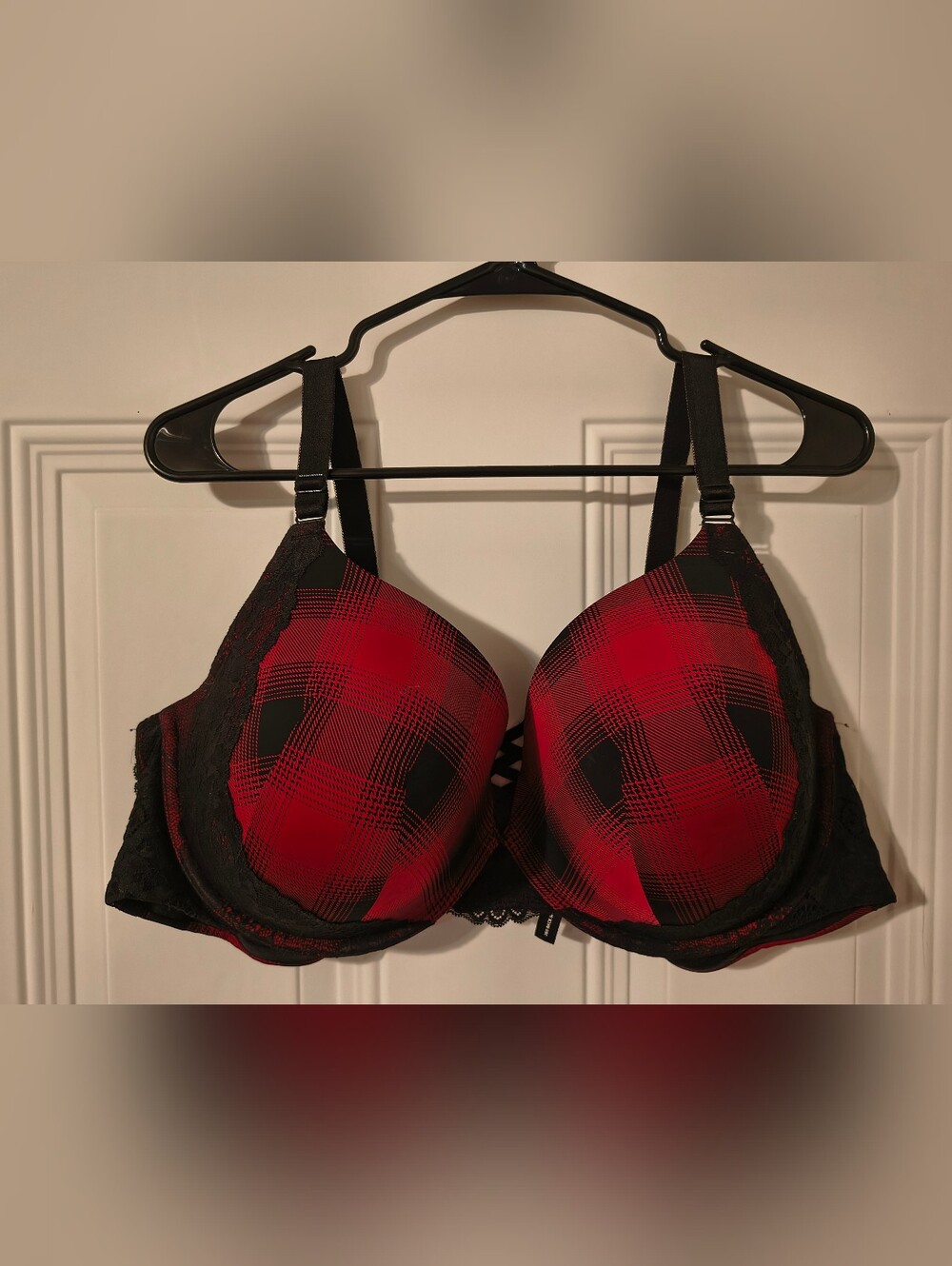 Plaid Push-Up Bra with Black Lace Accents — Red